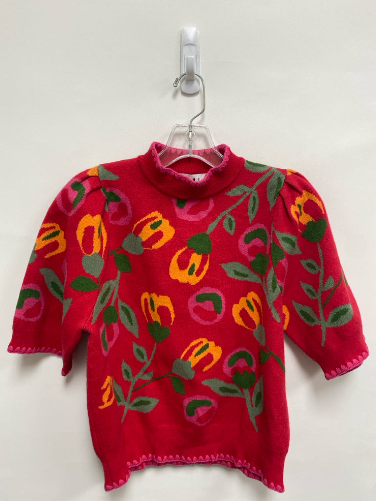 THML Size S Red/Green Orange Floral Short Sleeve Ladies Sweater