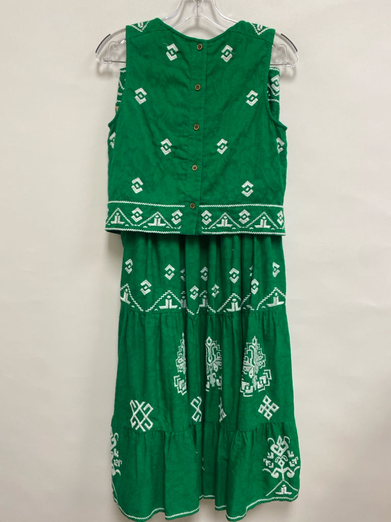 Anthropologie Size 4 Green White Embroidered Maxi Ladies 2pc Skirt