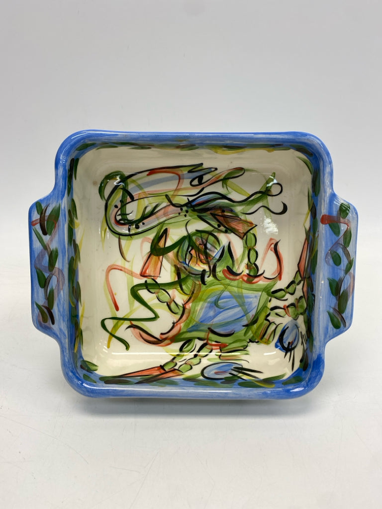 Blue/Cream Multi Color Splashes Pottery Serving Piece