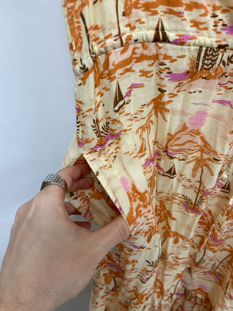 OLIVIA JAMES Size L Dusty Yellow Orange/Brown Tropical Short Sleeve Ladies Dress