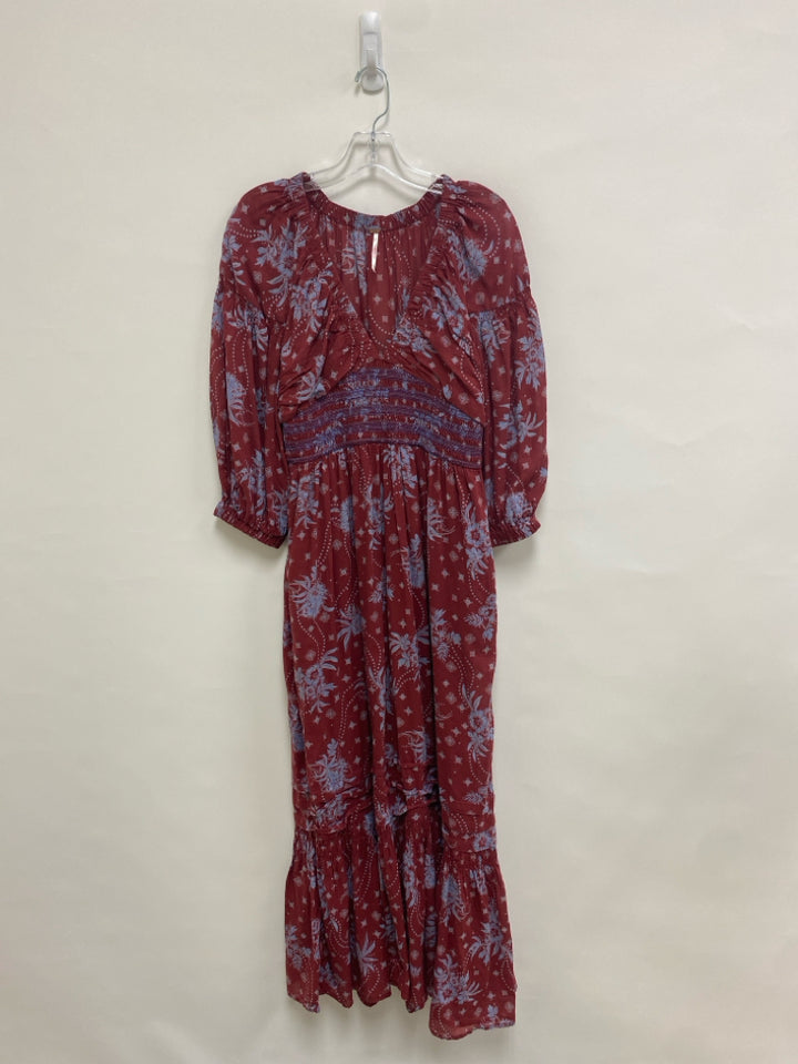 Free People Size S Dark Red Dark Periwinkle Floral Puff Sleeve Ladies Dress