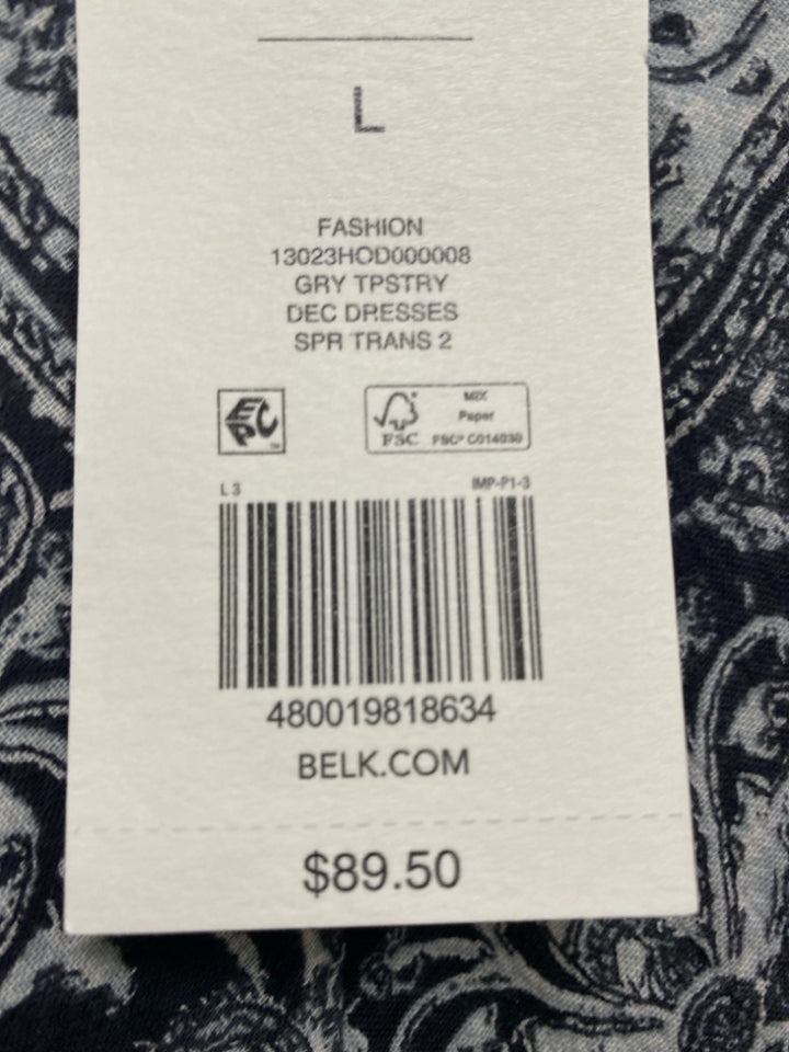 NWT wonderly Size L Gray/Black Assorted Print Maxi Ladies Dress