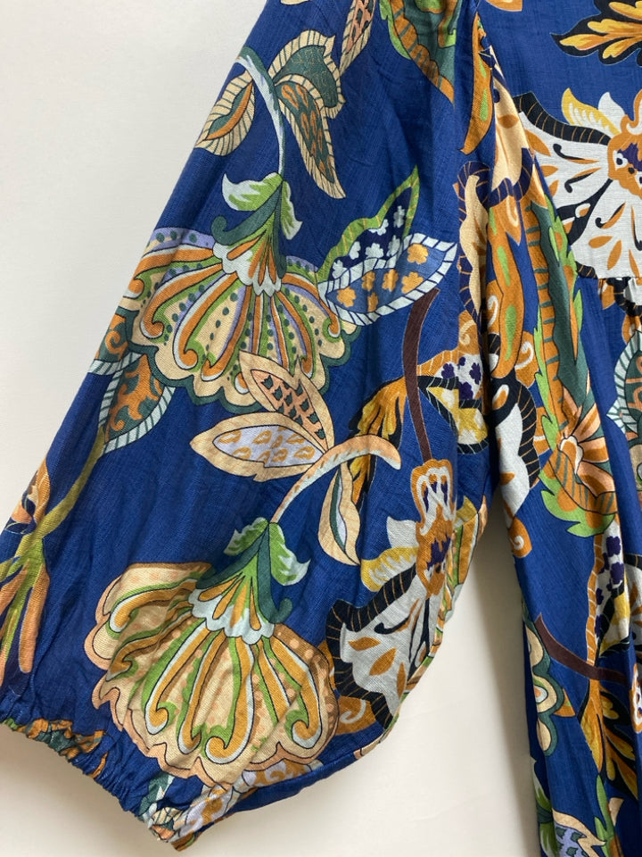 NWT Umgee Size M Blue/Tan Green/Yellow Acanthus Puff Sleeve Ladies Dress