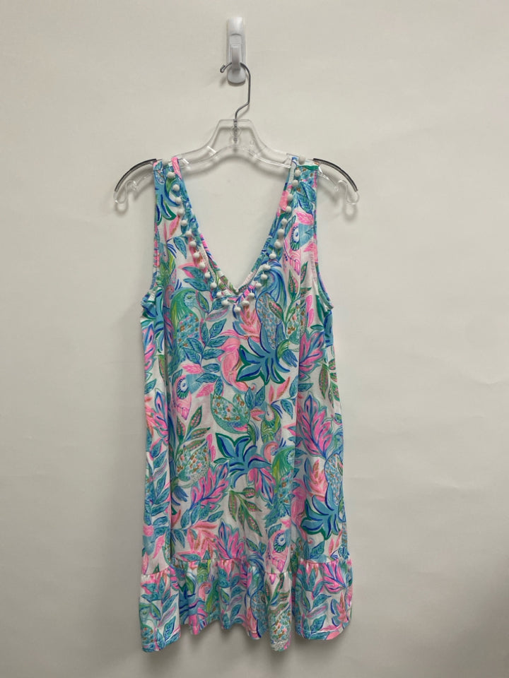 LILLY PULITZER Size L Aqua Pink/Green Tropical Sleeveless Ladies Dress