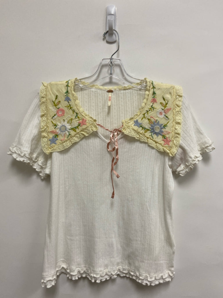 Free People Size M Ivory White Embroidered V Neck Ladies Top