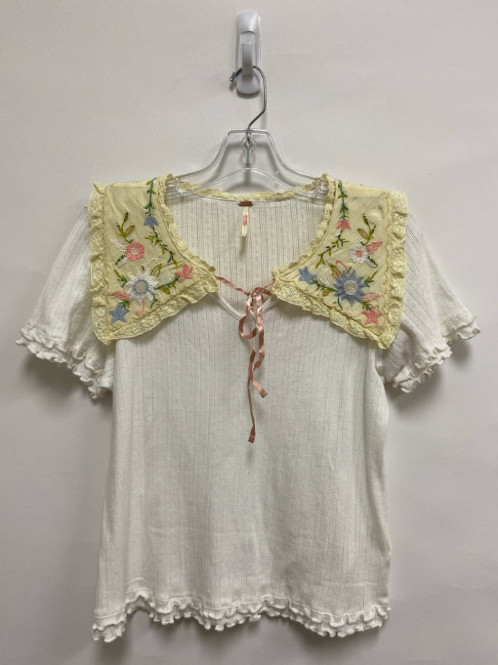 Free People Size M Ivory White Embroidered V Neck Ladies Top