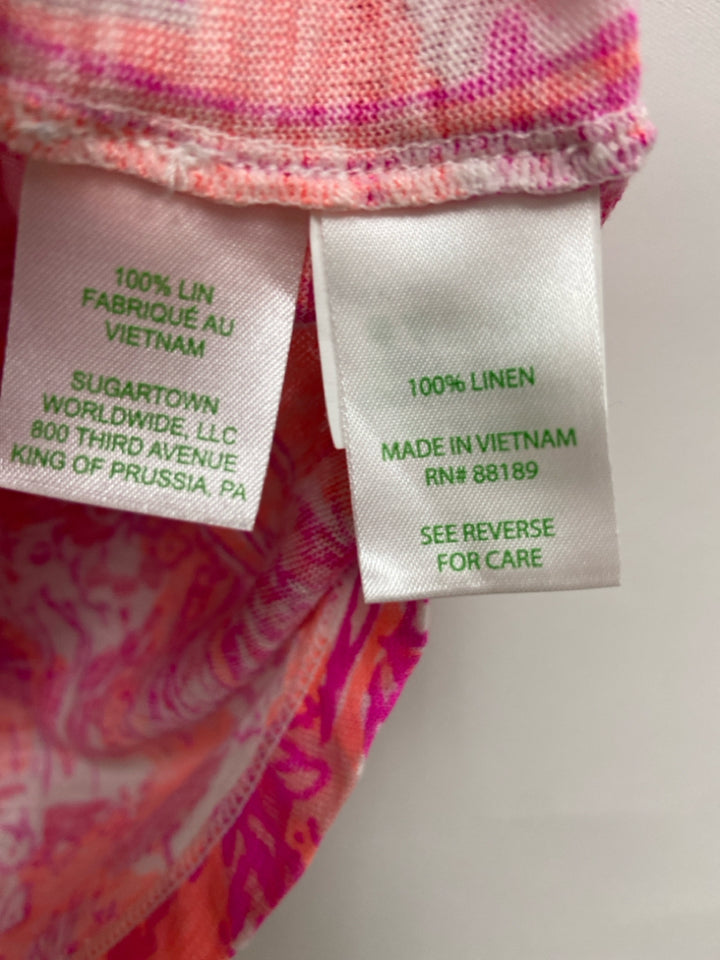 LILLY PULITZER Size M Neon Pink Neon Coral Tropical Linen Ladies Top