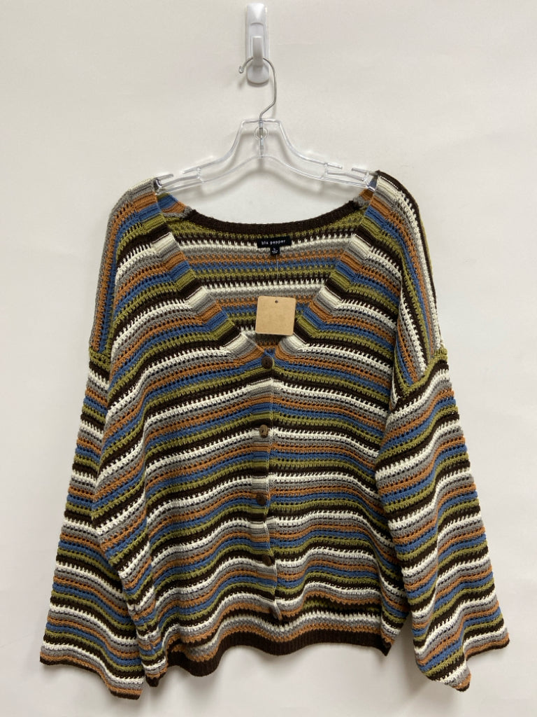 NWT blu pepper Size L Green/Blue Brown/Gray Striped Cardigan Ladies Sweater