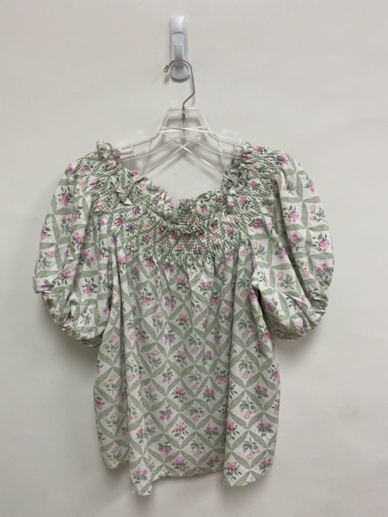 CeCe Size L White Green/Pink Flowers Ladies Top