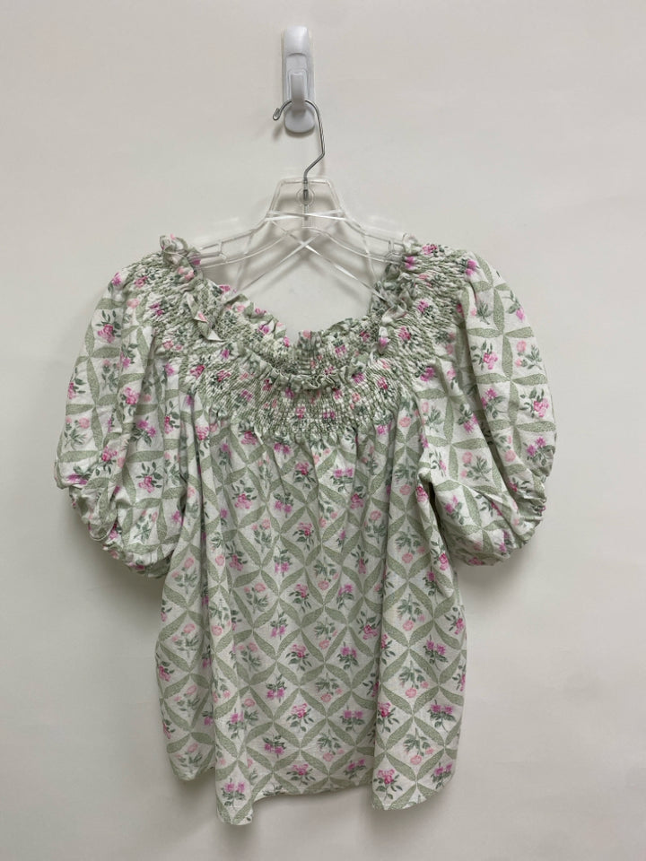 CeCe Size L White Green/Pink Flowers Ladies Top