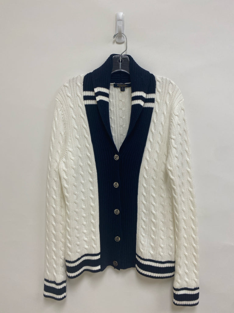 Brooks Brothers Size XL White Navy Trimmed Cardigan Ladies Sweater