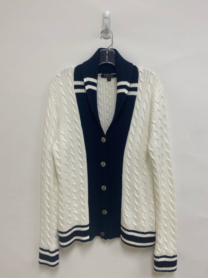 Brooks Brothers Size XL White Navy Trimmed Cardigan Ladies Sweater