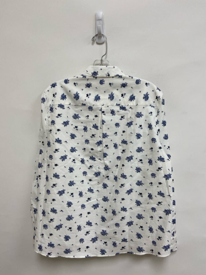 SEZANE Size 8 White Blue Flowers Long Sleeve Ladies Top
