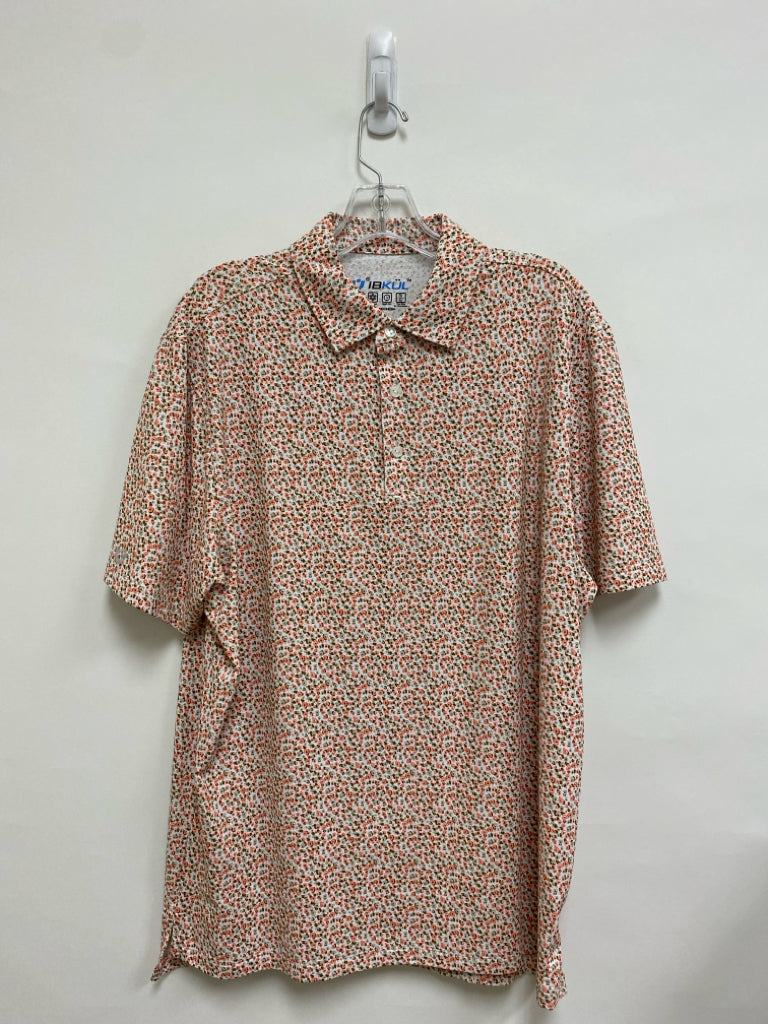 IBKUL Size L Peach Olive/White Print Polo Men&