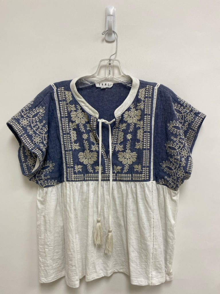 THML Size M Blue Cream Embroidered Short Sleeve Ladies Top