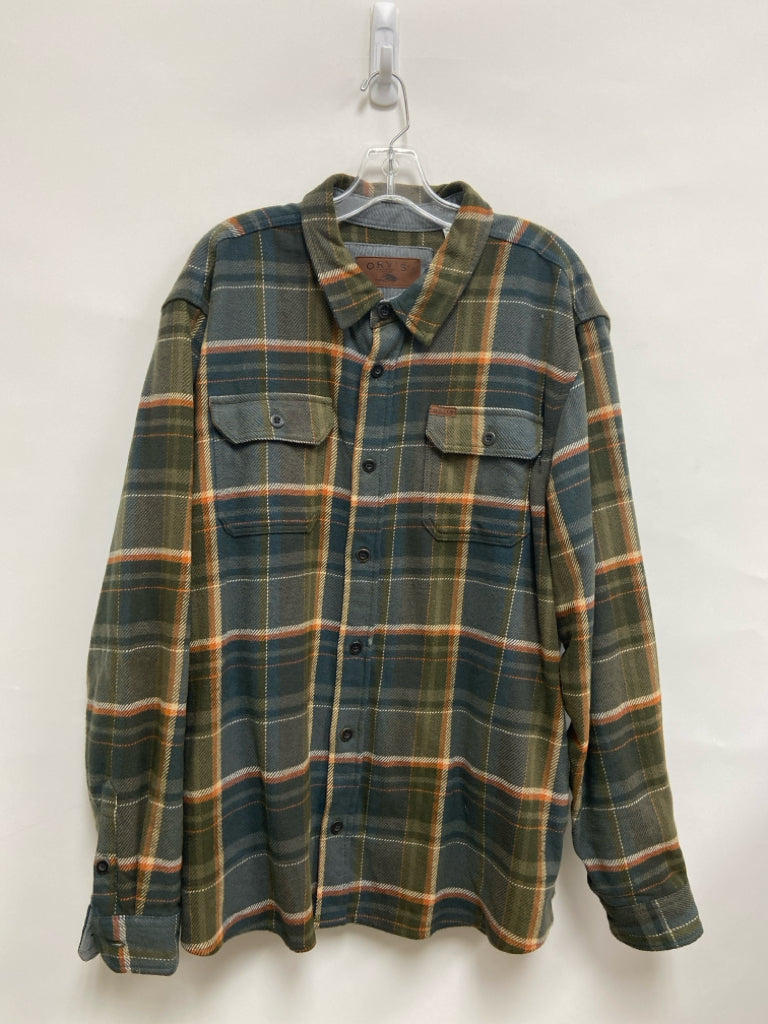 Orvis Size XXL Slate Blue Green/Orange Plaid Button Up Men&