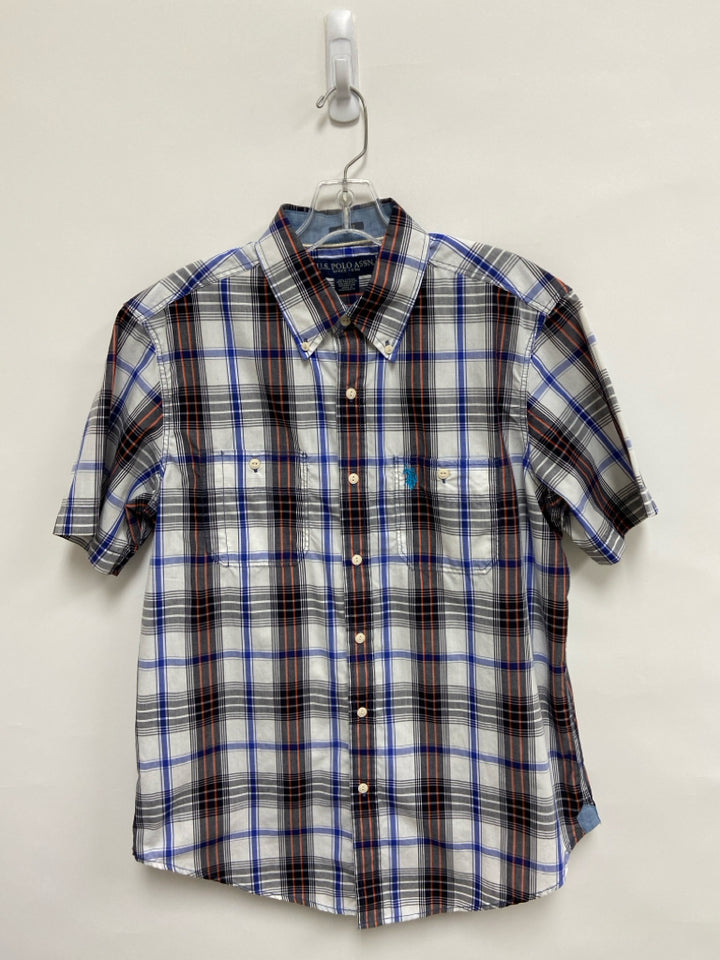 U.S. POLO ASSN. Size M White/Black Blue/Orange Plaid Men&