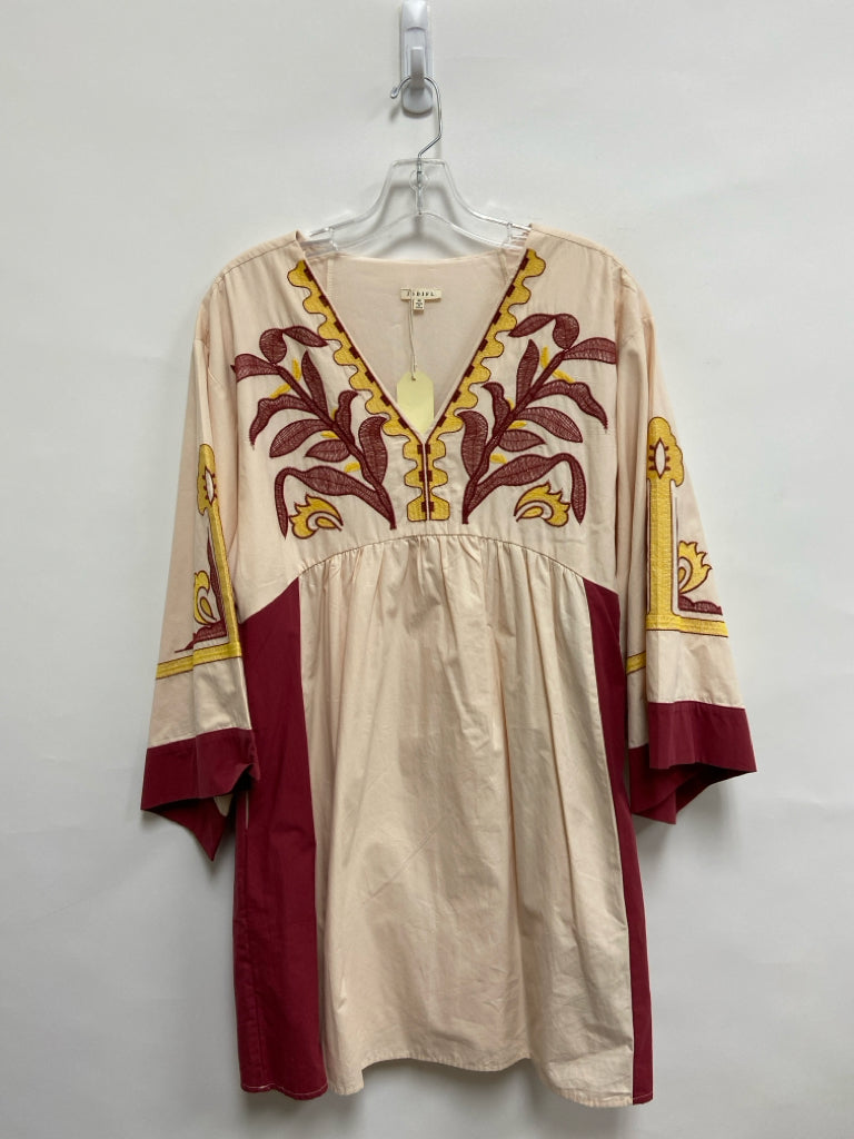NWT Jodifl Size M Cream/Yellow Burgundy Embroidered Bell Sleeves Ladies Dress
