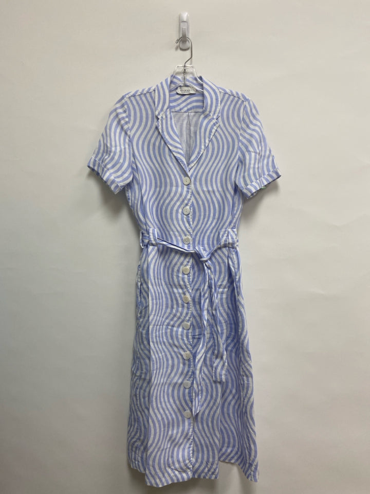 Size 6 White Powder Blue Waves Button Up Linen Ladies Dress