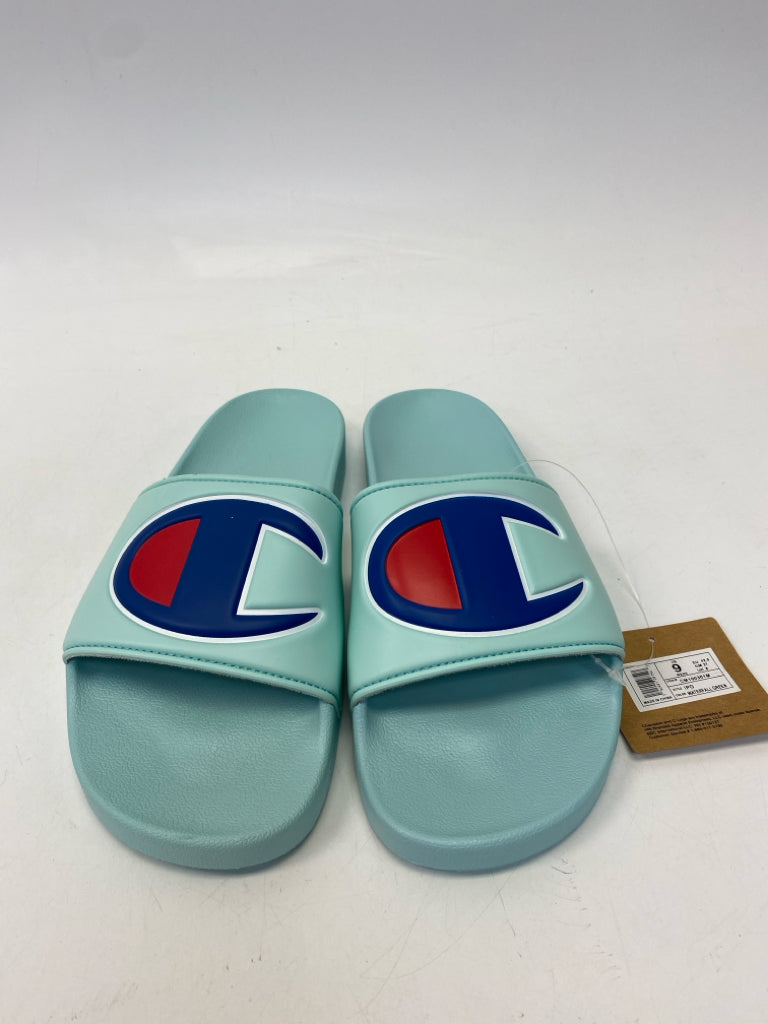 NWT Champion  Size 9 Aqua Blue/Red Logo Sandals