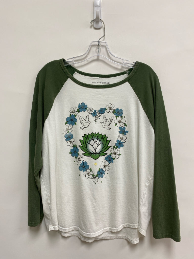Lucky Brand Size XL White Green/Blue Flowers Ladies Top