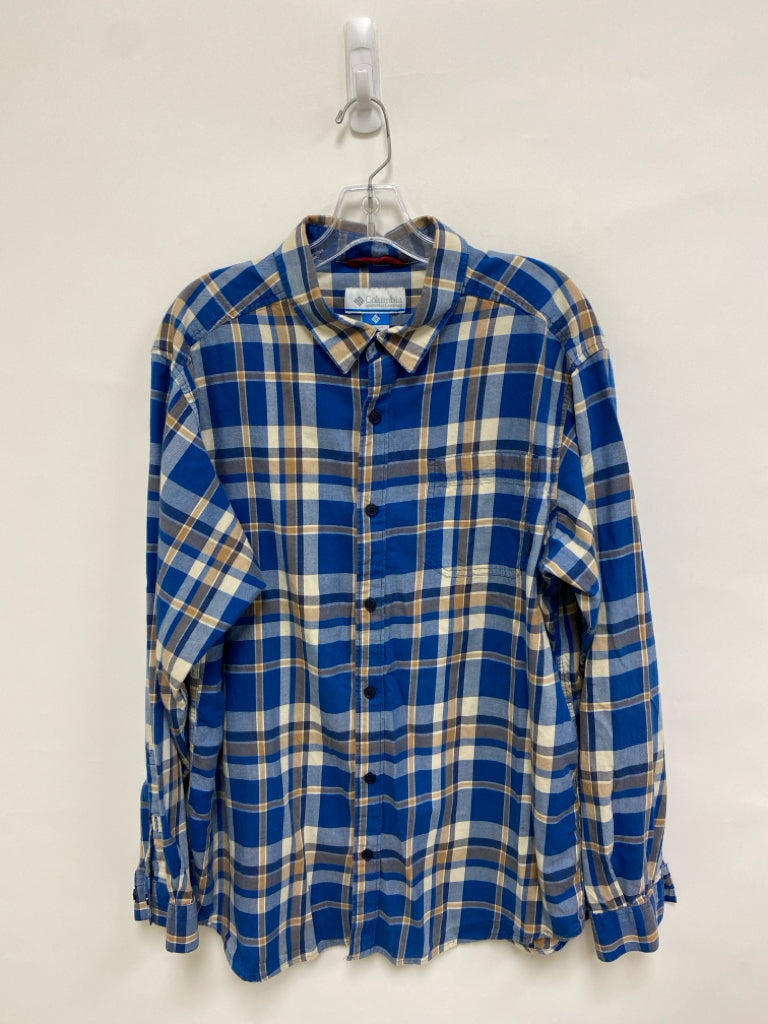 Columbia Size L Blue Tan/White Plaid Men&