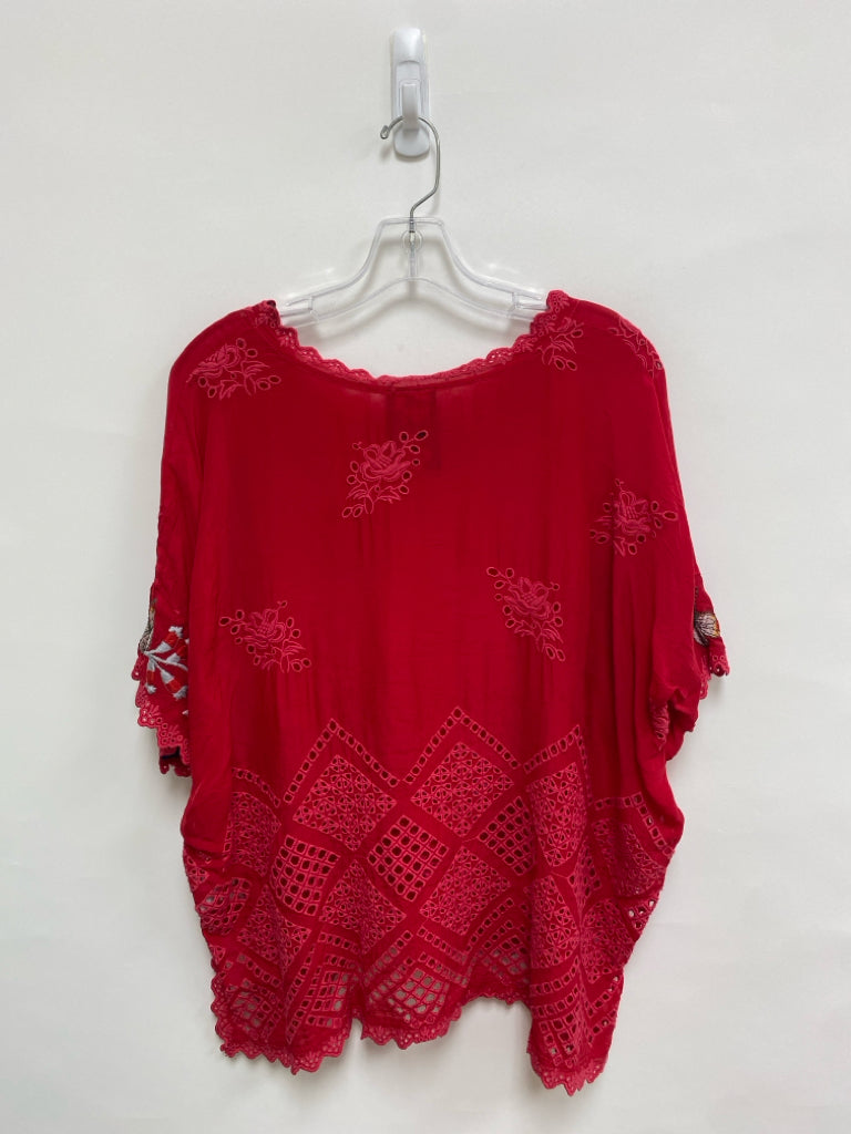 JOHNNY WAS Size S Red Embroidered Batwing Eyelet Ladies Top