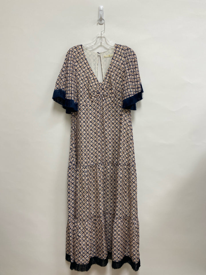 Marie Oliver Size 10 Peach Navy Diamond Print Fringe Ladies Dress