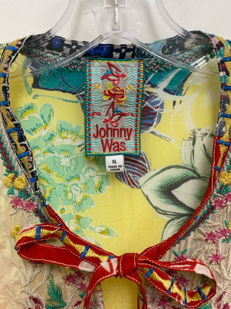 JOHNNY WAS Size XL Yellow/Cream Turquoise/Multi Patchwork Ladies Dress