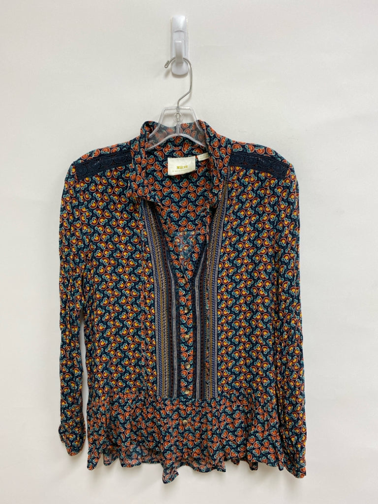 Maeve Size 6 Navy Burgundy/Orange Print Long Sleeve Ladies Top