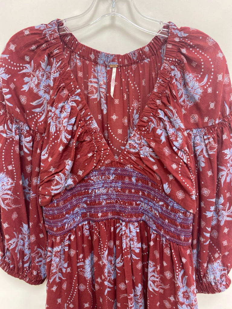 Free People Size S Dark Red Dark Periwinkle Floral Puff Sleeve Ladies Dress