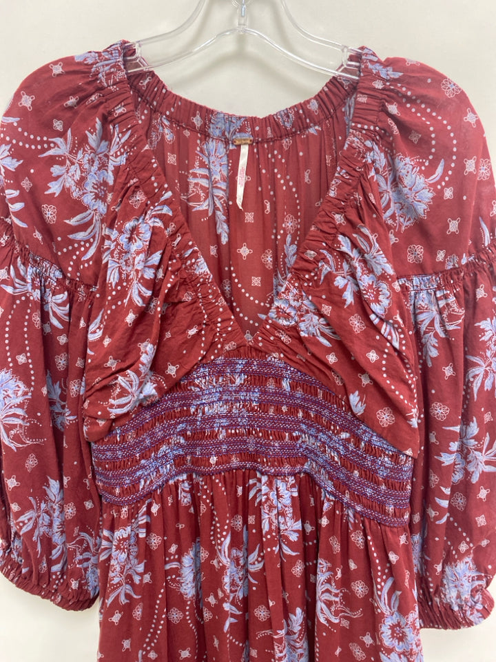 Free People Size S Dark Red Dark Periwinkle Floral Puff Sleeve Ladies Dress