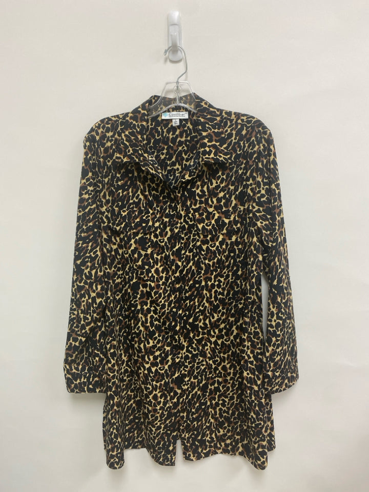 Coolibar Size L Tan Brown/Black Animal Print Button Up Ladies Dress
