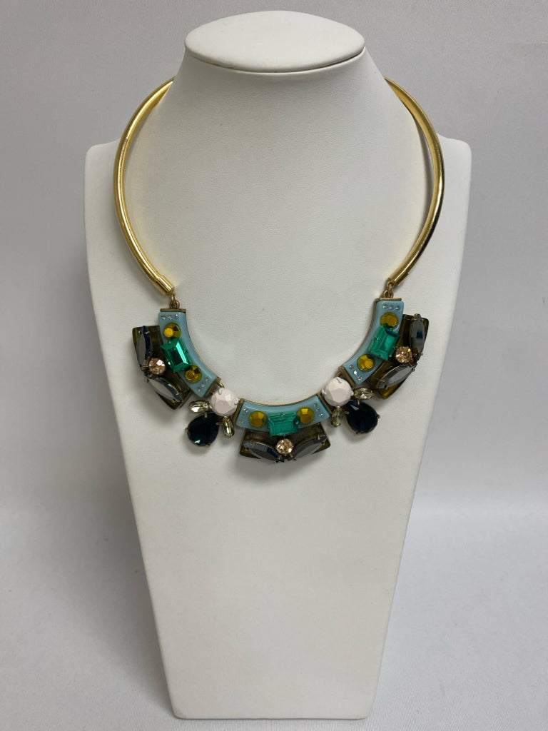 J Crew Gold Color Blue/Multi Shapes Necklace
