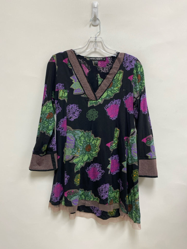 LITTLE JOURNEYS Size S Black Purple/Green Flowers Tunic Ladies Top