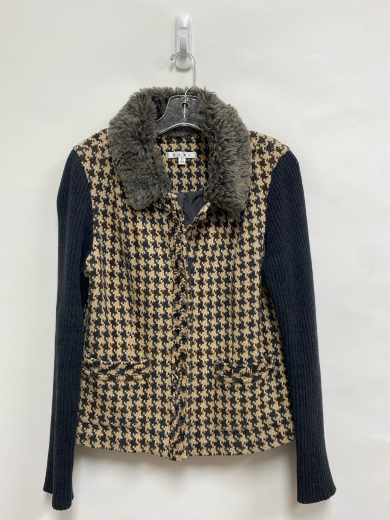 Cabi Size 10 Tan Charcoal Houndstooth Faux Fur Collar Ladies Jacket