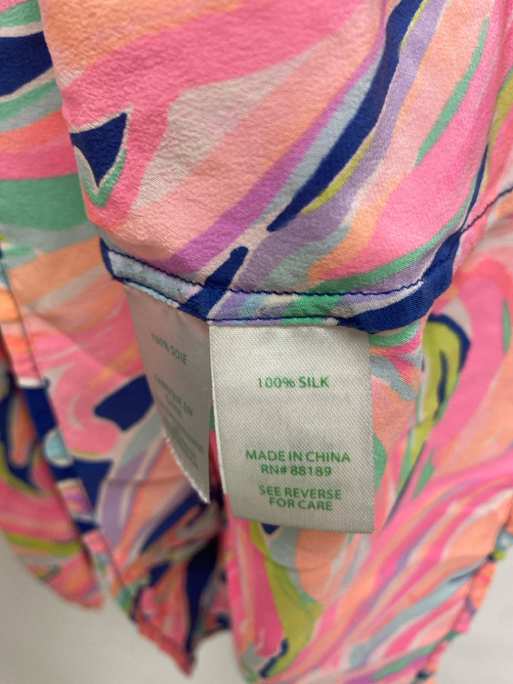 LILLY PULITZER Size L Aqua/Navy Coral/Multi Floral Cold Shoulder Silk Ladies Top