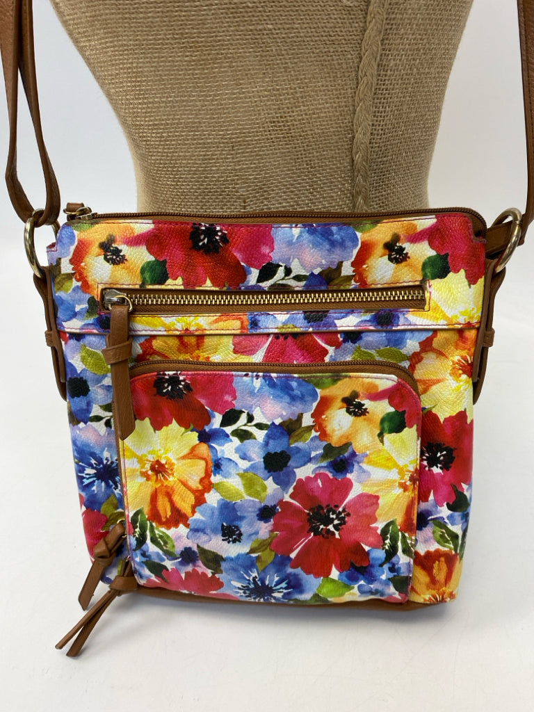 Brown Multi-Color Flower(s) Crossbody