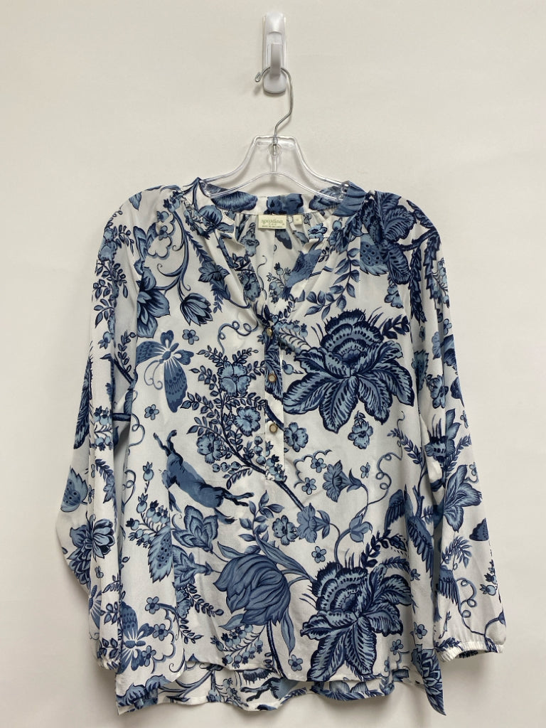 Spartina 449 Size S White Navy/Blue Acanthus Silk Ladies Top