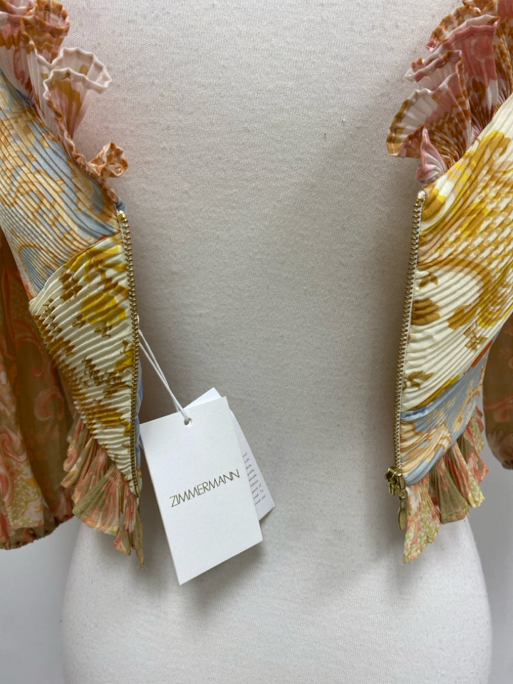 NWT ZIMMERMANN Size 6 Cream/Brown Pink/Multi Crinkle Cropped Ladies Top