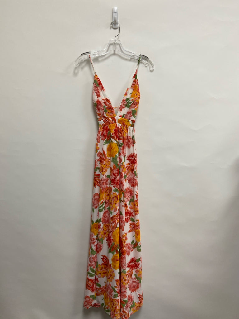 Size M White/Orange Coral/Green Flowers Maxi Ladies Dress