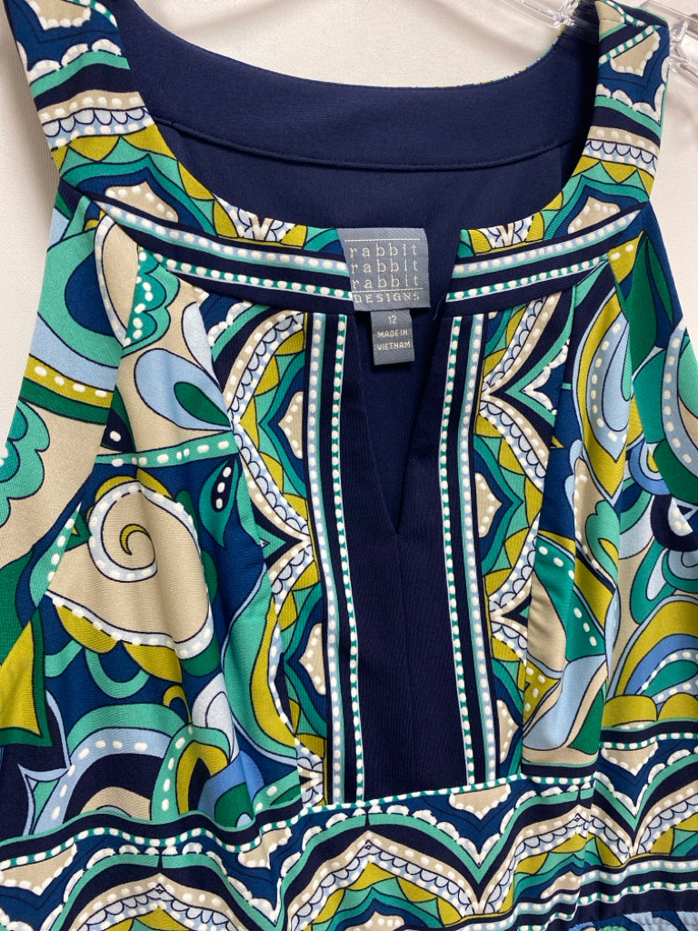 RabbitRabbit Size 12 Aqua/Navy Blue/Green Abstract Maxi Ladies Dress