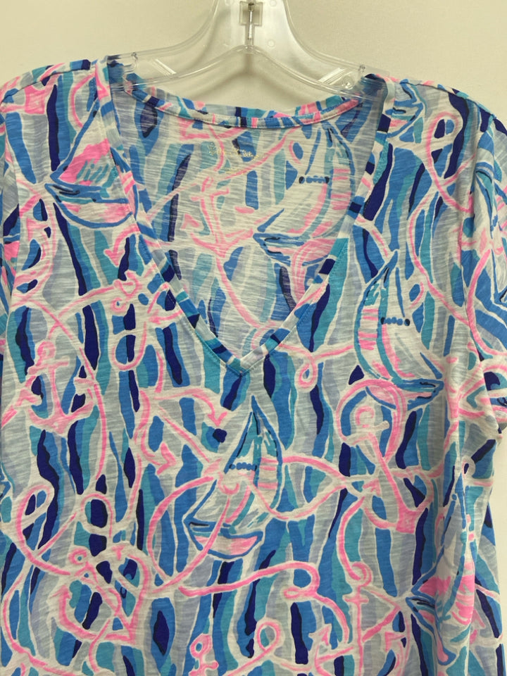 LILLY PULITZER Size XL Blue/White Pink Nautical V Neck Ladies Top