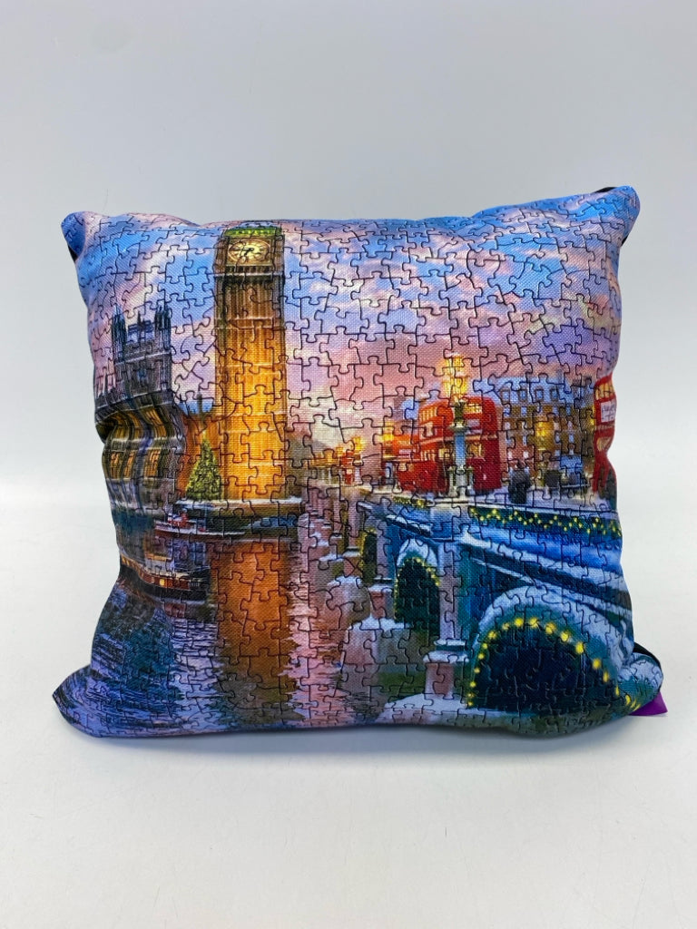 Blue Gold City Scene Pillow