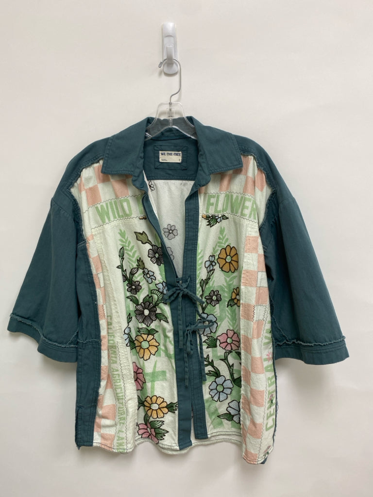 We The Free Size L Dark Green White/Pink Flowers Embroidered Ladies Top