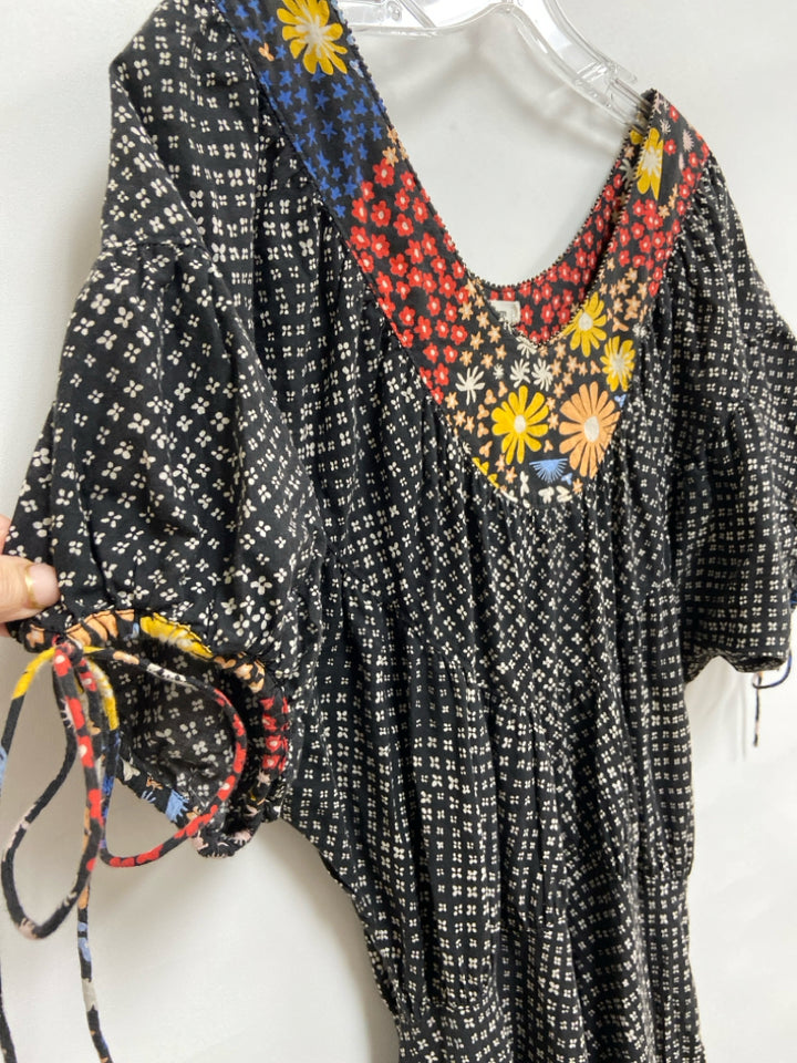 Warm Size L Dark Brown Cream/Multi Flowers Tiered Ladies Dress