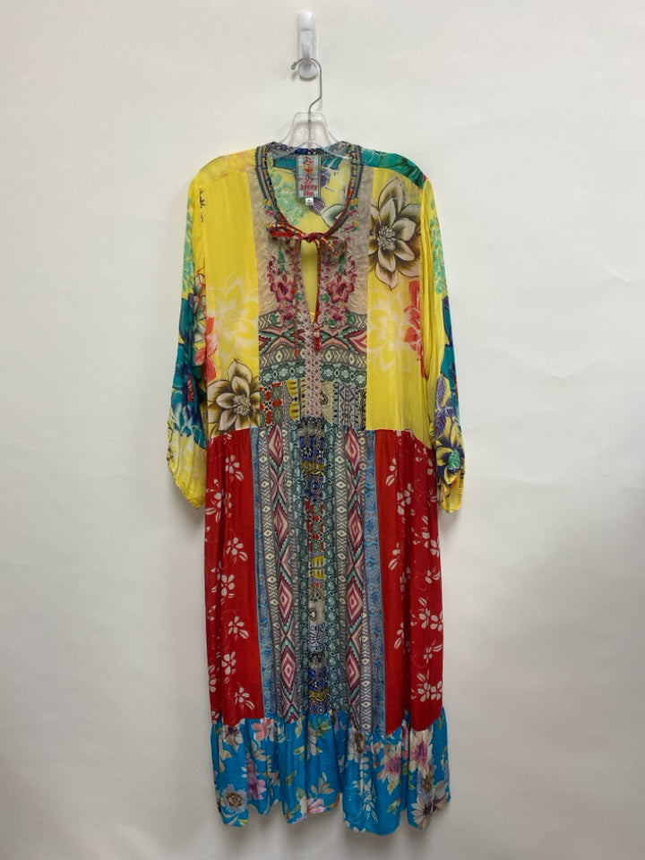 JOHNNY WAS Size XL Yellow/Cream Turquoise/Multi Patchwork Ladies Dress