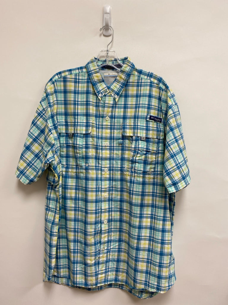 Columbia Size L White/Blue Aqua/Yellow Plaid Button Up Men&