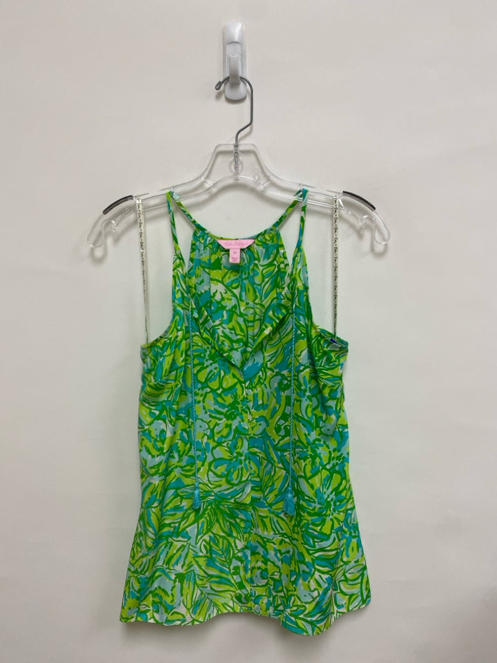 LILLY PULITZER Size XS Green Aqua/White Floral Sleeveless Silk Ladies Top