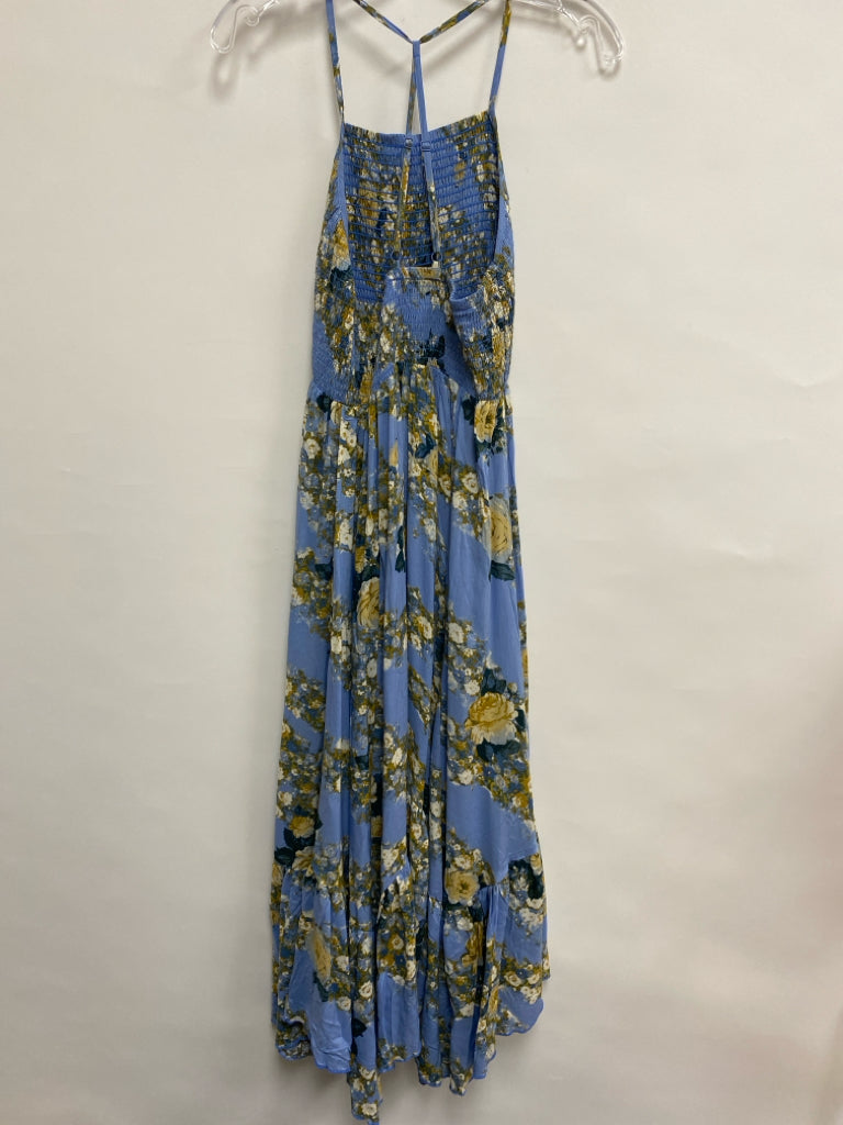 Free People Size XS Dusty Blue Yellow/Green Flowers Sleeveless Ladies Dress
